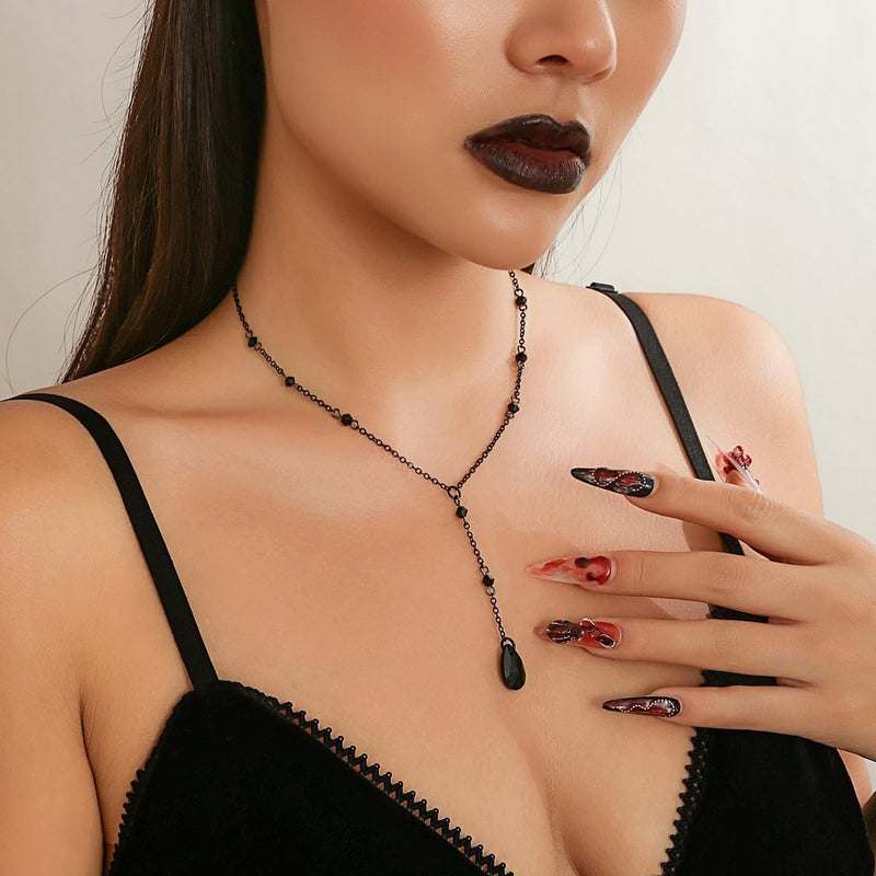 Cicod Gothic Y Necklace,Goth Black Red Crystal Bead Teardrop Necklace,Punk Y Necklace,Halloween Christmas New Year Jewelry Vampire Accessories for Women - Image 3